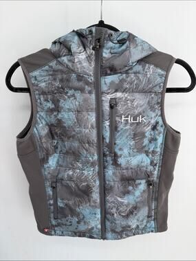 HUK Primaloft Double Down Camo print full zip hooded puffer vest sz S